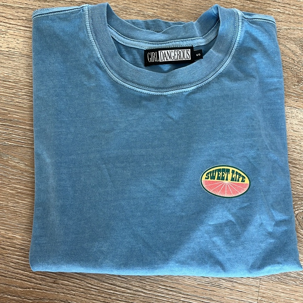 Girl Dangerous Sweet Life Boyfriend Tee | Denim Blue Oversized Fit | Size Small - Picture 14 of 14